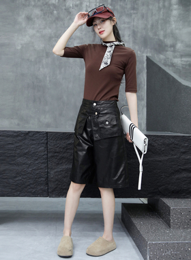 真皮五分裤女2025秋季新款油蜡皮高腰皮裤牛皮黑色显瘦休闲直筒裤