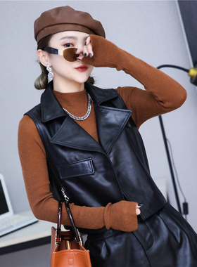 马甲女2025年秋季新款绵羊皮韩版外搭坎肩真皮西服领短款无袖外套