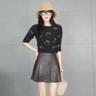 淑女风高腰半身裙女绵羊皮咖色皮质A字短裙显瘦小个子百搭半身裙