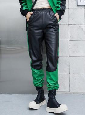 哈伦裤女2025秋季新款真皮绿色皮裤松紧腰九分裤绵羊皮拼接灯笼裤