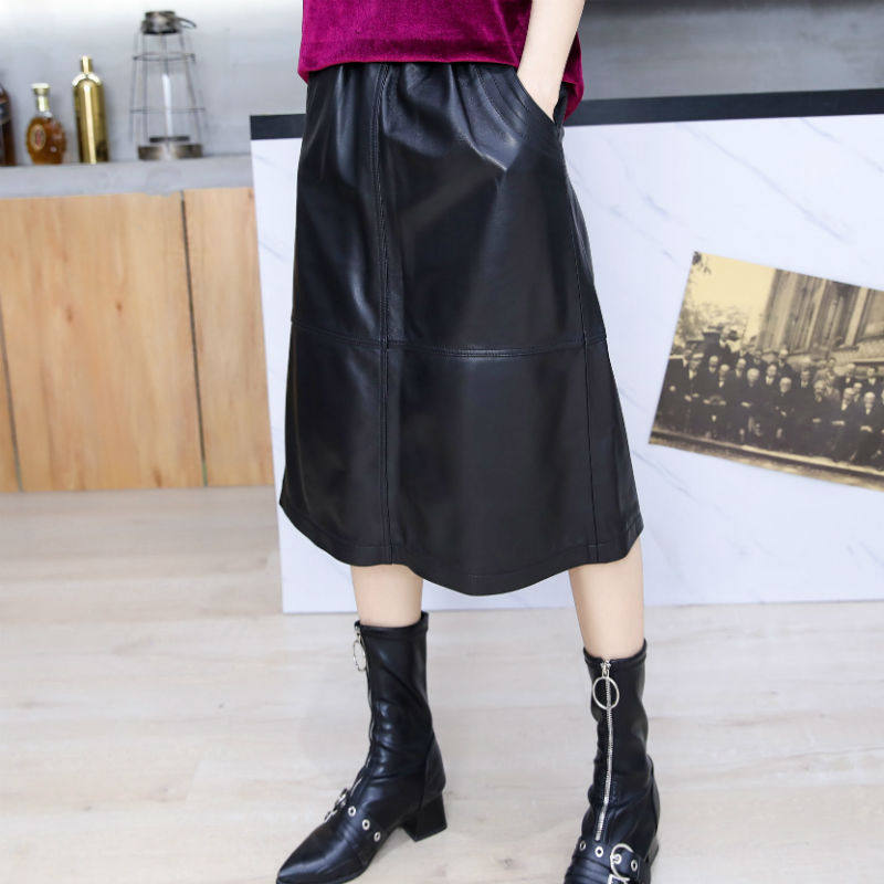 半身裙女2025秋季新款真皮过膝皮裙绵羊皮松紧腰中长裙黑色A字裙,女装/女士精品,半身裙,淘宝优惠券,粉丝福利购,淘宝优惠卷
