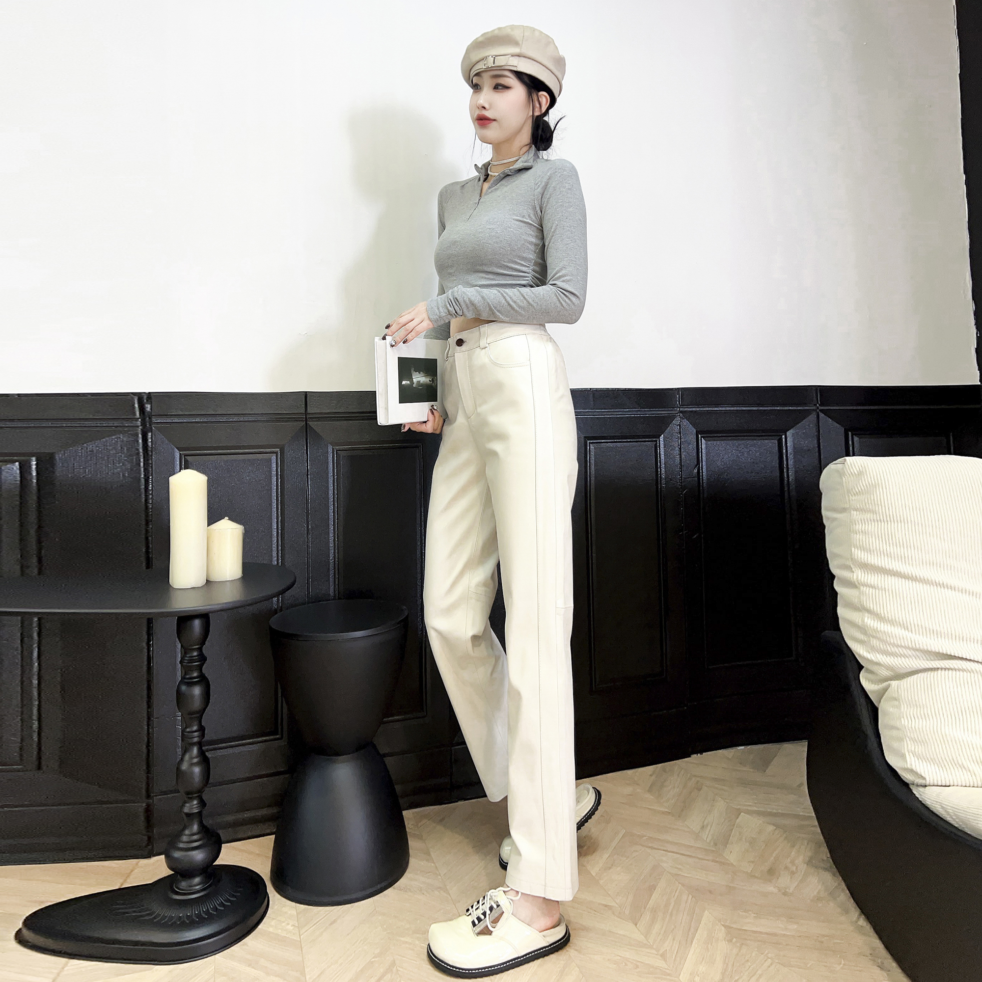 松紧腰通勤长裤直筒裤