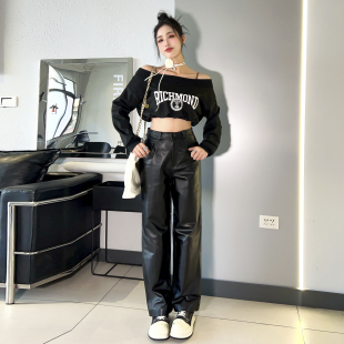 直筒裤女款2025年秋季新款真皮黑色皮裤中腰长裤绵羊皮百搭休闲裤