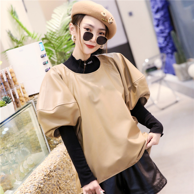 娃娃服女2025秋季新款绵羊皮圆领皮衣真皮卡其色上衣韩版短袖外套