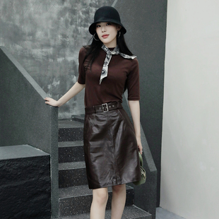 油蜡皮A字裙2025秋季新款绵羊皮咖色皮裙真皮高腰中裙显瘦半身裙