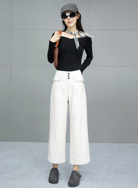 白色阔腿裤女2025秋季新款绵羊皮高腰皮裤拉链款九分裤真皮直筒裤