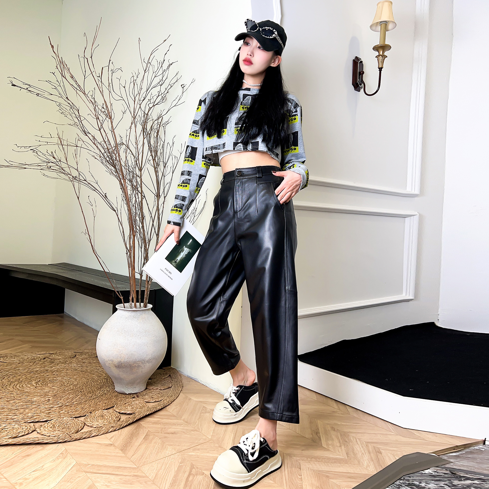 松紧腰通勤九分裤直筒裤