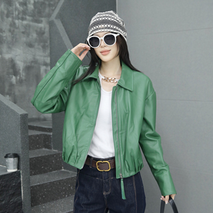 绿色皮衣女短款2025年秋季新款绵羊皮长袖夹克真皮翻领修身外套潮