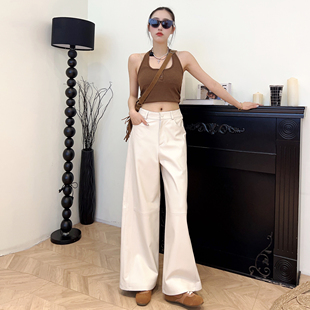 拖地裤女2024年秋季新款真皮白色皮裤低腰直筒裤绵羊皮百搭休闲裤