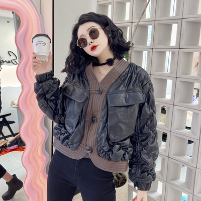 修身通勤短款黑色皮衣绵羊皮