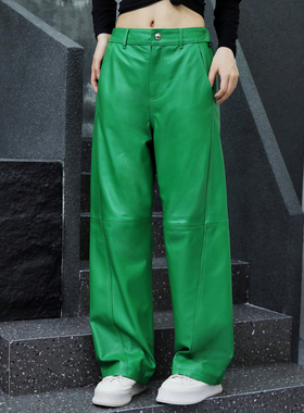 真皮皮裤女2025年秋季新款绵羊皮绿色长裤松紧腰直筒裤显瘦阔腿裤