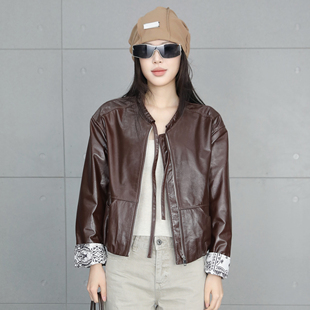复古机车风真皮咖色皮衣女短款 圆领系带油蜡皮高级感夹克外套 新款