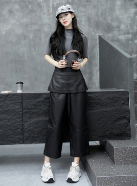 直筒裤女2025年秋季新款绵羊皮黑色九分裤侧拉链皮裤裙真皮休闲裤