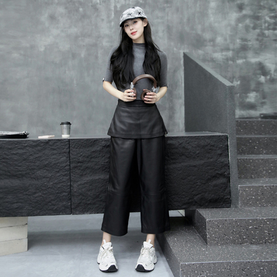 直筒裤女2025年秋季新款绵羊皮黑色九分裤侧拉链皮裤裙真皮休闲裤