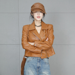 春季 领长袖 新款 夹克西装 外套 南瓜色修身 复古机车风真皮皮衣女短款