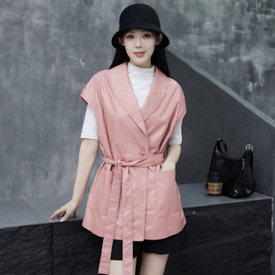 高级感V领收腰中长款马甲女款2025新款叠穿真皮马夹坎肩粉色外套