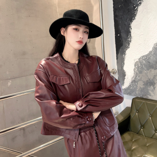 上衣机车风短款 真皮皮衣女绵羊皮圆领红色长袖 外套 新款 2025年秋季