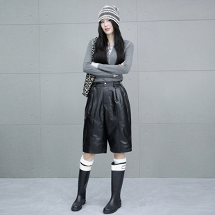 新款 宽松高腰皮裤 真皮休闲五分裤 中裤 潮 女绵羊皮宽松韩版 2025秋季
