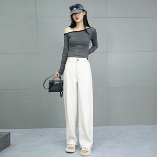 拖地裤女2025年秋季新款绵羊皮白色皮裤松紧腰长裤真皮休闲直筒裤
