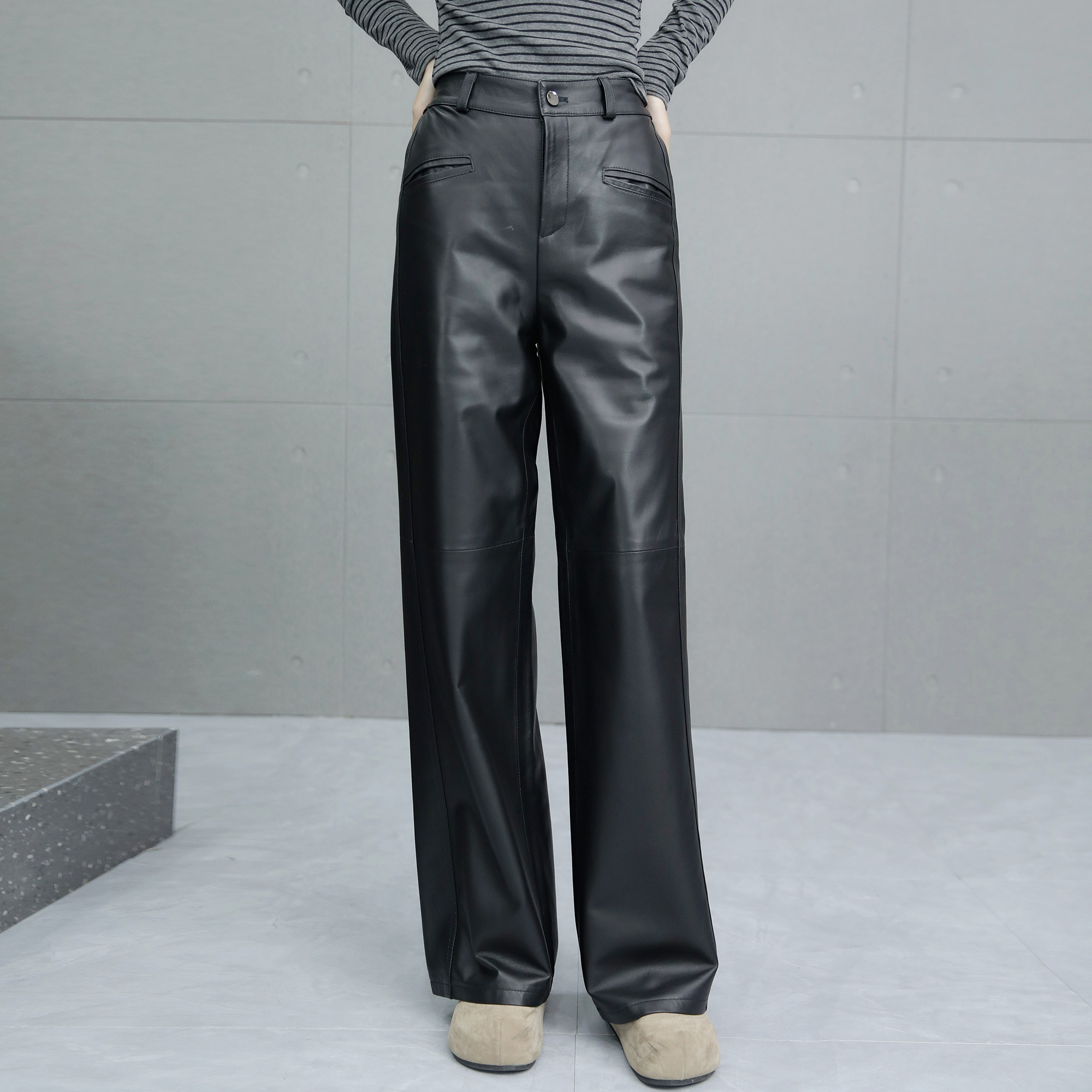 阔腿裤女2025秋季新款真皮黑色皮裤松紧腰长裤绵羊皮小个子直筒裤,女装/女士精品,皮裤,淘宝优惠券,粉丝福利购,淘宝优惠卷