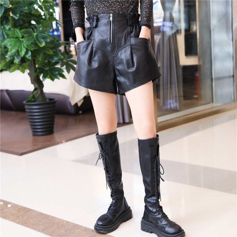 阔腿裤女2025秋冬季新款绵羊皮外穿短裤真皮前拉链皮裤高腰休闲裤