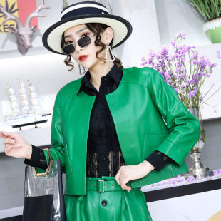 皮衣真皮果绿色上衣圆领皮夹克 绵羊皮短款 短外套女2025年秋季 新款