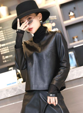 皮衣女秋冬新款绵羊皮V领皮夹克真皮修身打底衫百搭长袖黑短外套