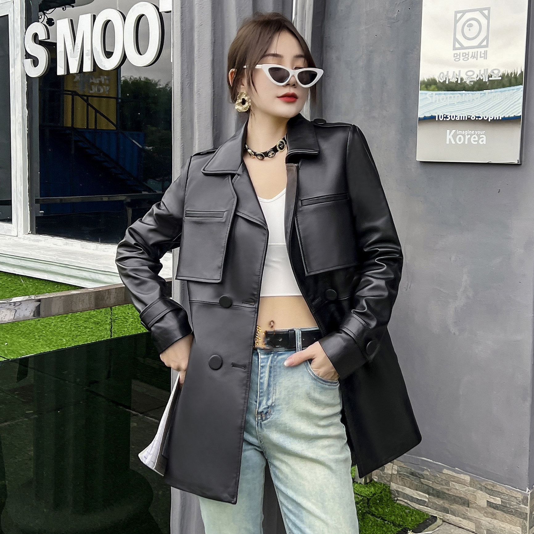 休闲皮衣女中长款2025年秋季新款真皮修身夹克绵羊皮黑色风衣外套