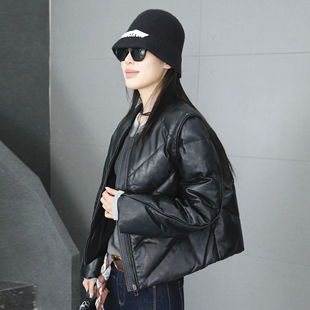 绵羊皮圆领夹克小个子长袖 新款 外套潮 2025冬季 真皮羽绒皮衣女短款