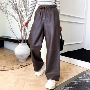 阔腿裤女款2025秋季新款绵羊皮咖色皮裤松紧腰长裤真皮垂感直筒裤