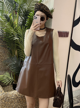 咖色绵羊皮中长款马甲裙春秋2025年款直筒宽松无袖背心裙气质皮裙