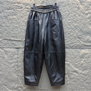 哈伦裤女2025冬季新款绵羊皮黑色小个子皮裤真皮珊瑚纹九分萝卜裤