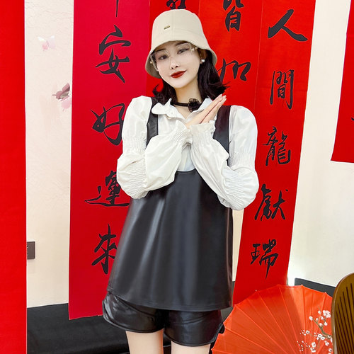 套头韩版常规U领黑色马甲绵羊皮