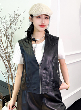 小马甲女2025秋季新款绵羊皮黑色V领背心真皮外搭坎肩前拉链外套