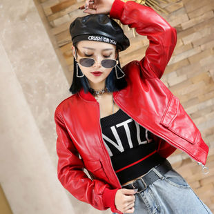 短外套女2025秋季新款真皮红色皮衣绵羊皮长袖短款上衣韩版皮夹克