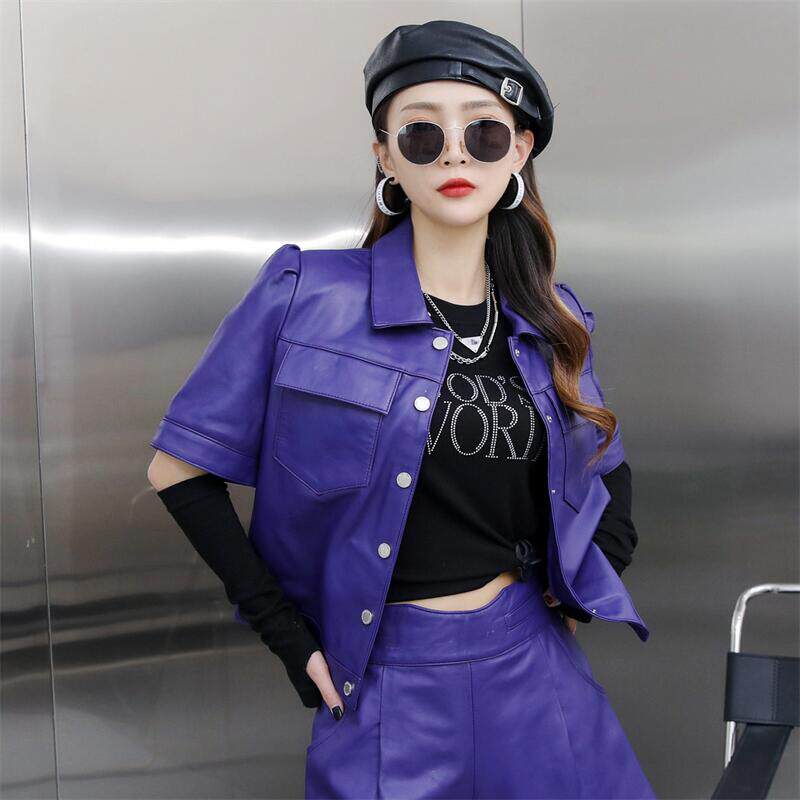 短外套女2023年秋季新款绵羊皮紫色方领皮衣短袖上衣真皮修身夹克