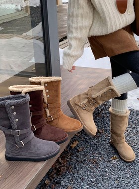 60366~厚底法式雪地靴女靴子2025年新款秋冬季保暖加绒棉靴