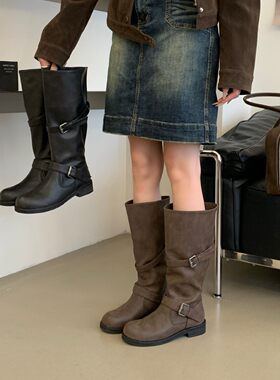 G200~粗跟法式复古西部牛仔长靴女靴子2026年新款高筒堆堆靴