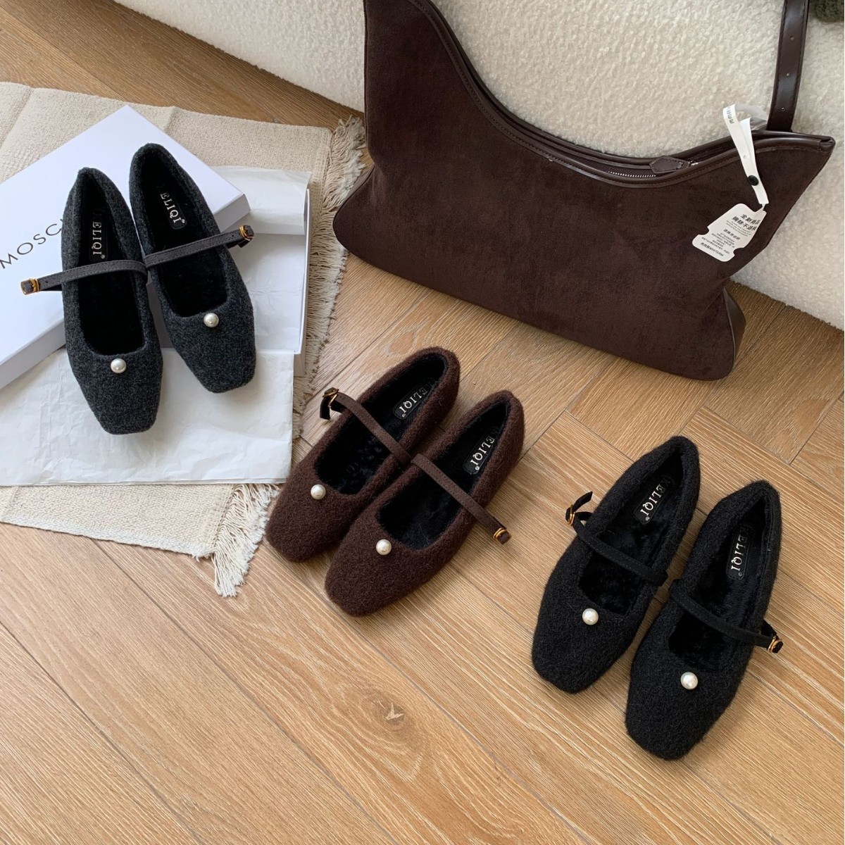 313-9~内增高~法式方头玛丽珍毛毛鞋女2025年秋冬季新款加绒棉鞋