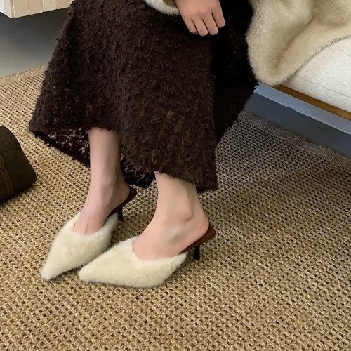 水貂毛~ 气质名媛性感包头拖女复古高跟毛毛拖鞋法式设计感穆勒鞋