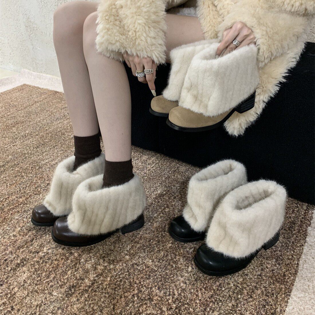 水貂毛加绒保暖粗跟短靴女2025秋冬韩系时髦精雪地毛茸短筒马丁靴