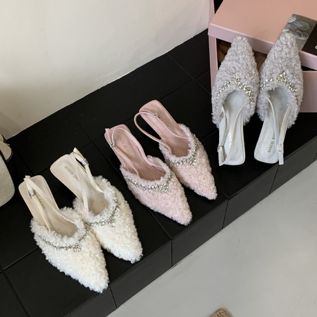 C99-H~高跟法式高级感水钻毛毛包头凉鞋仙女鞋子2025年秋冬季