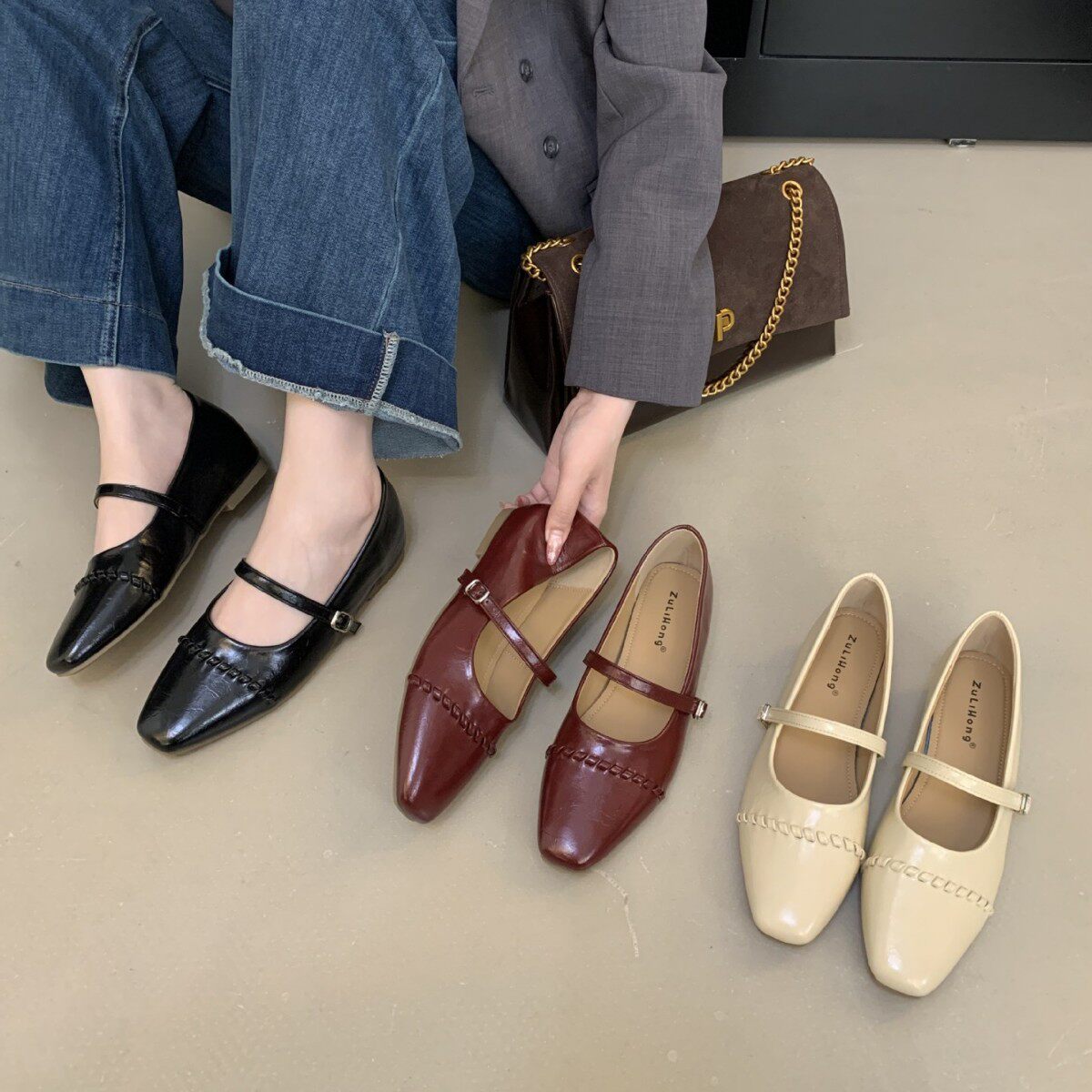 法式复古内增高方头浅口单鞋女2026百搭通勤鞋一字扣带奶奶瓢鞋子