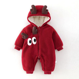 婴幼儿连体衣冬装男女宝宝红色满月百天周岁外出抱衣毛毛衣拜年服