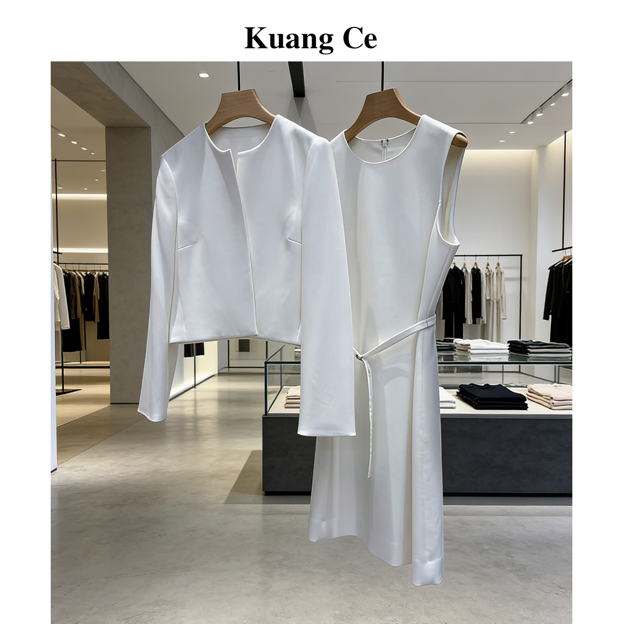 kuangce三醋酯极简通勤无领短款西装+收腰连衣裙套装2026春季新款