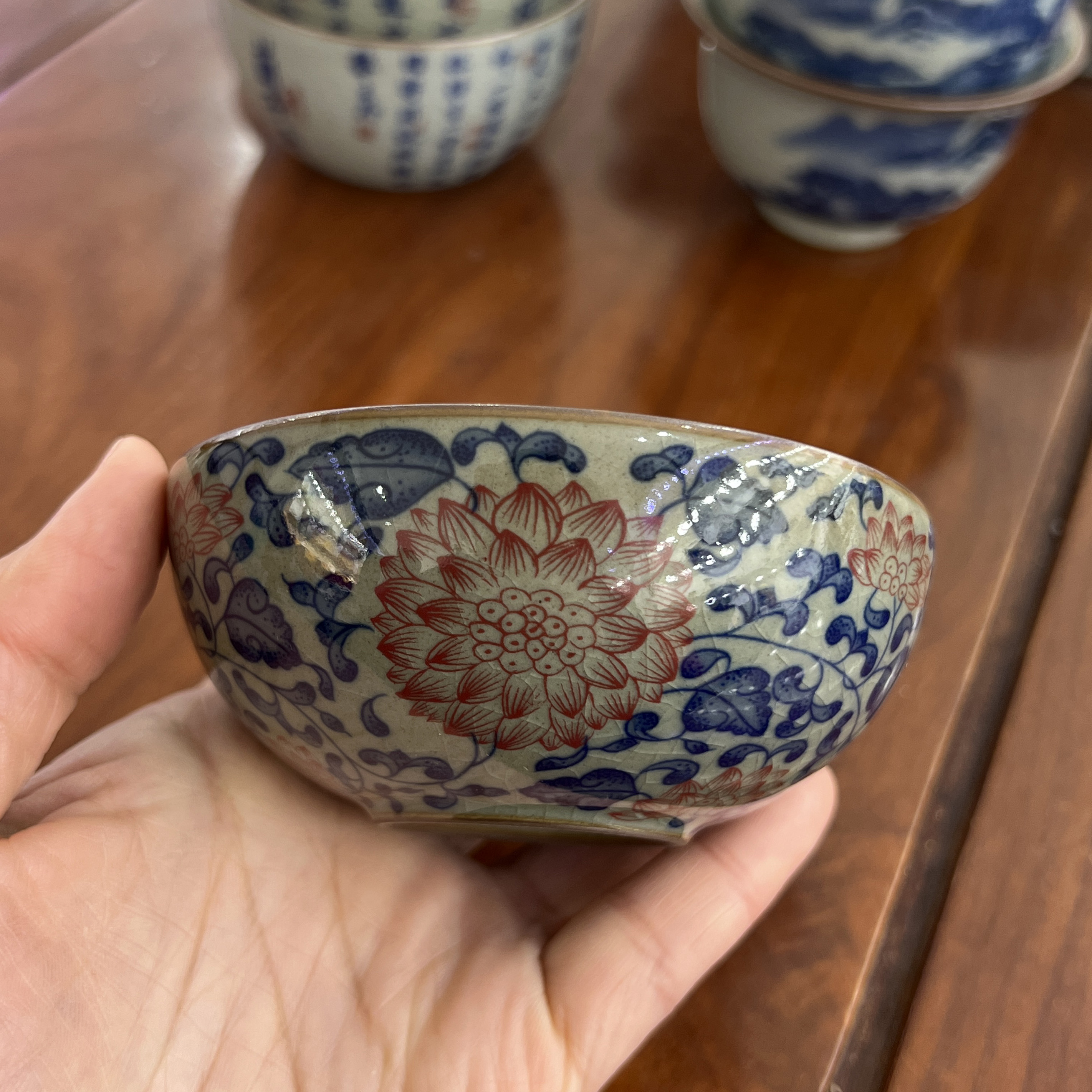 青花釉里红主人杯单杯压手杯子景德镇老陶泥仿柴烧茶杯满花缠枝莲