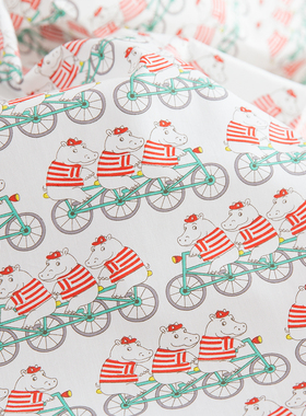 seven进口纯棉40s柔软卡通可爱儿童服装衬衣印花面料河马自行车