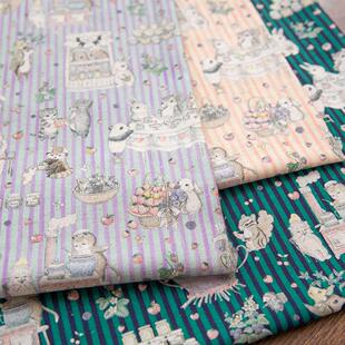 日本松浦Yukiemon棉麻混纺卡通可爱夏薄软面料包包裙布条纹美食