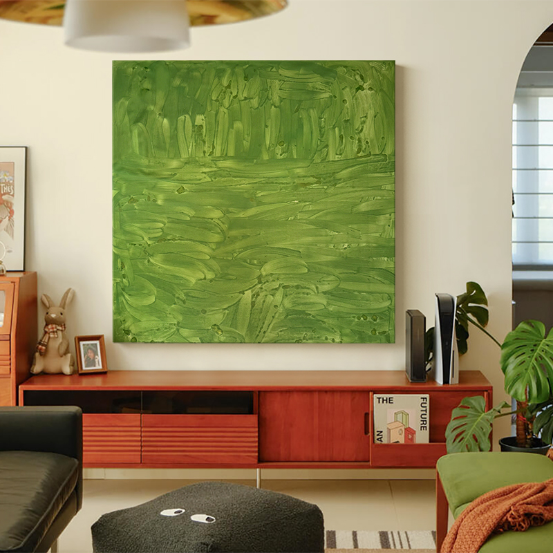 中古风客厅沙发背景墙装饰画餐边柜上挂画绿色高级感餐厅抽象壁画