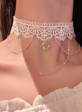 复古白色蕾丝流苏项链女